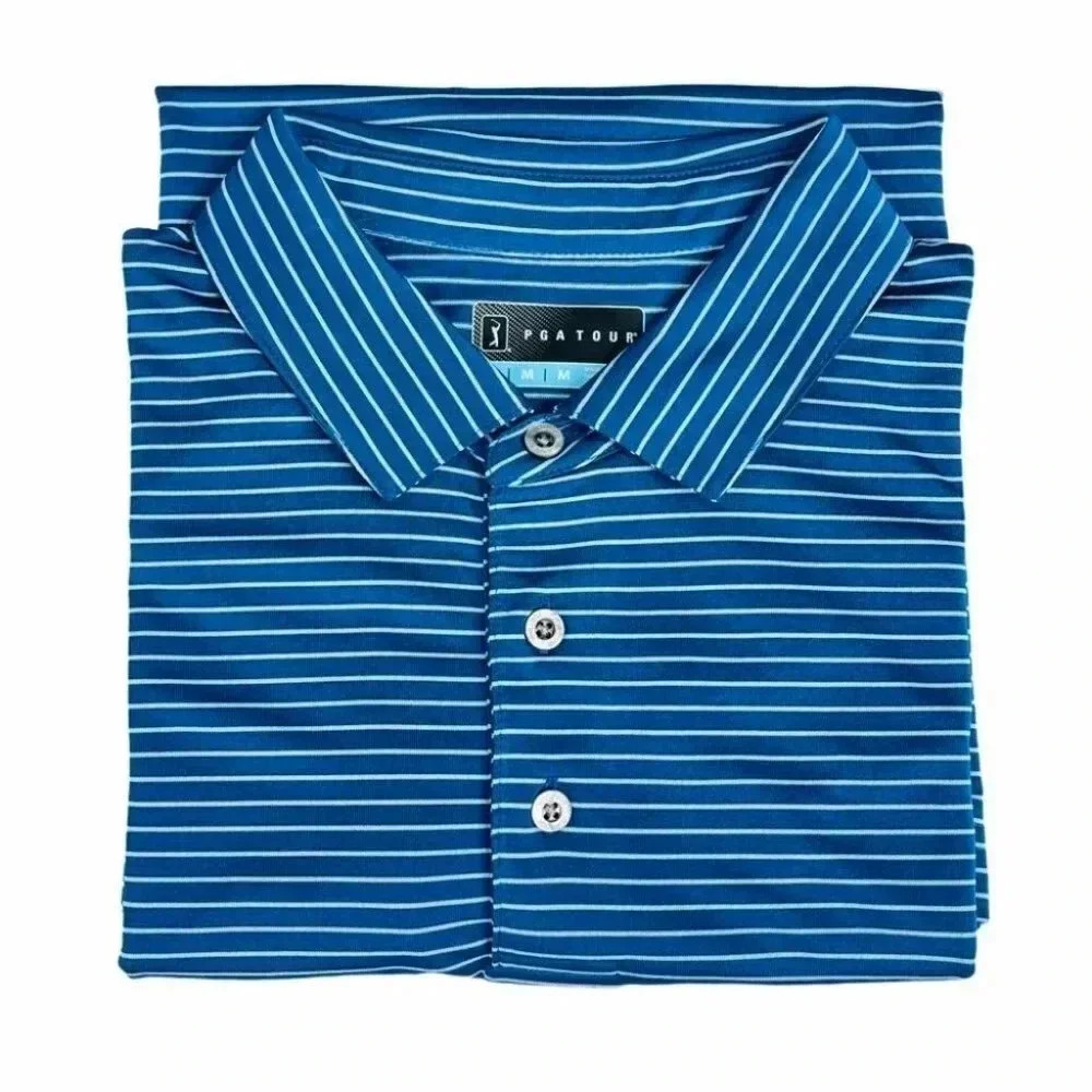 PGA Tour Striped Blue Short Sleeve Men’s Golf Polo - Picture 10 of 10